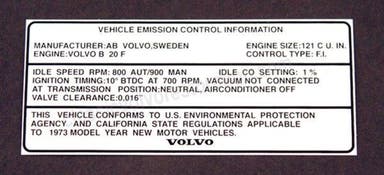 Autocollant d'émissions pour Volvo 1800 de 1973