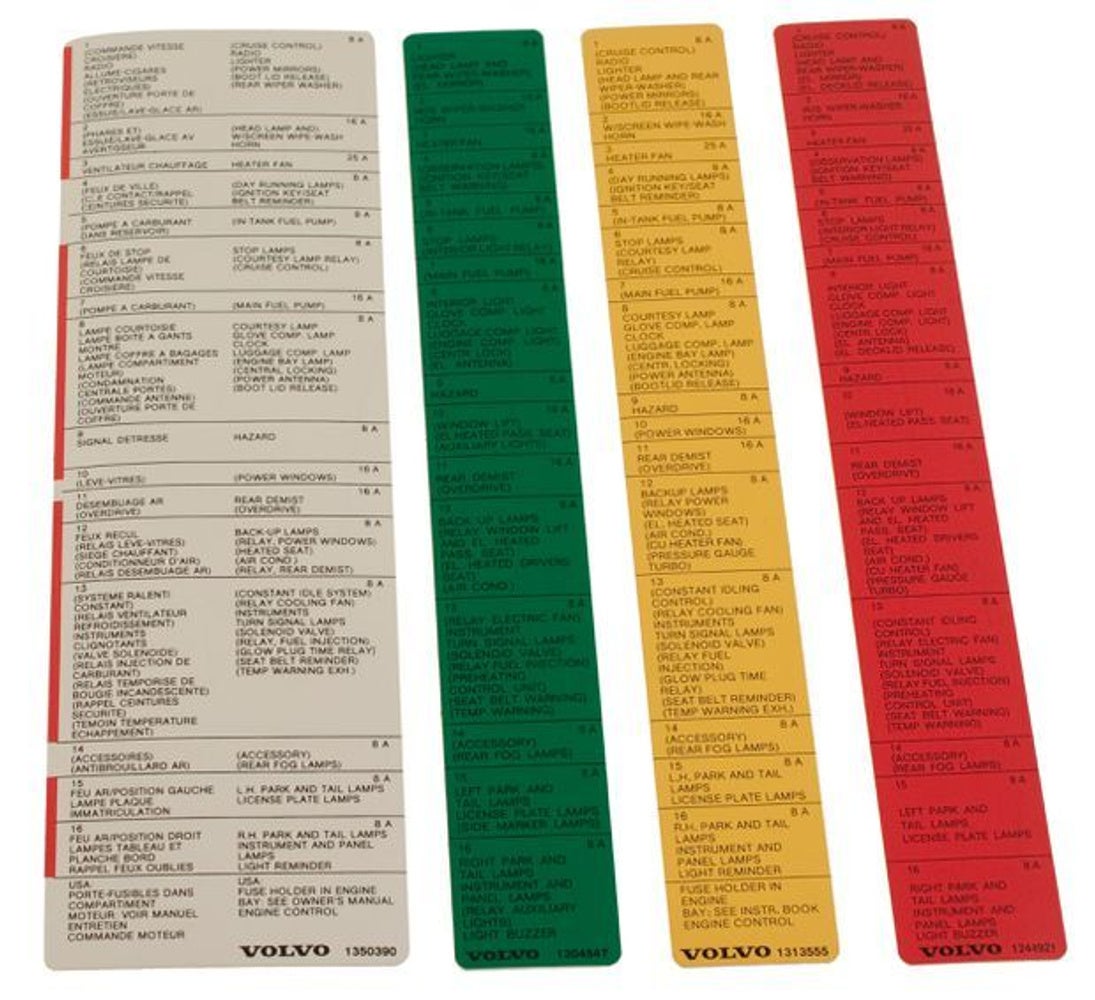 Jeu d'autocollants pour Volvo 240, 245, 260, 262, 265, 265 1979-84 (texte français et anglais)